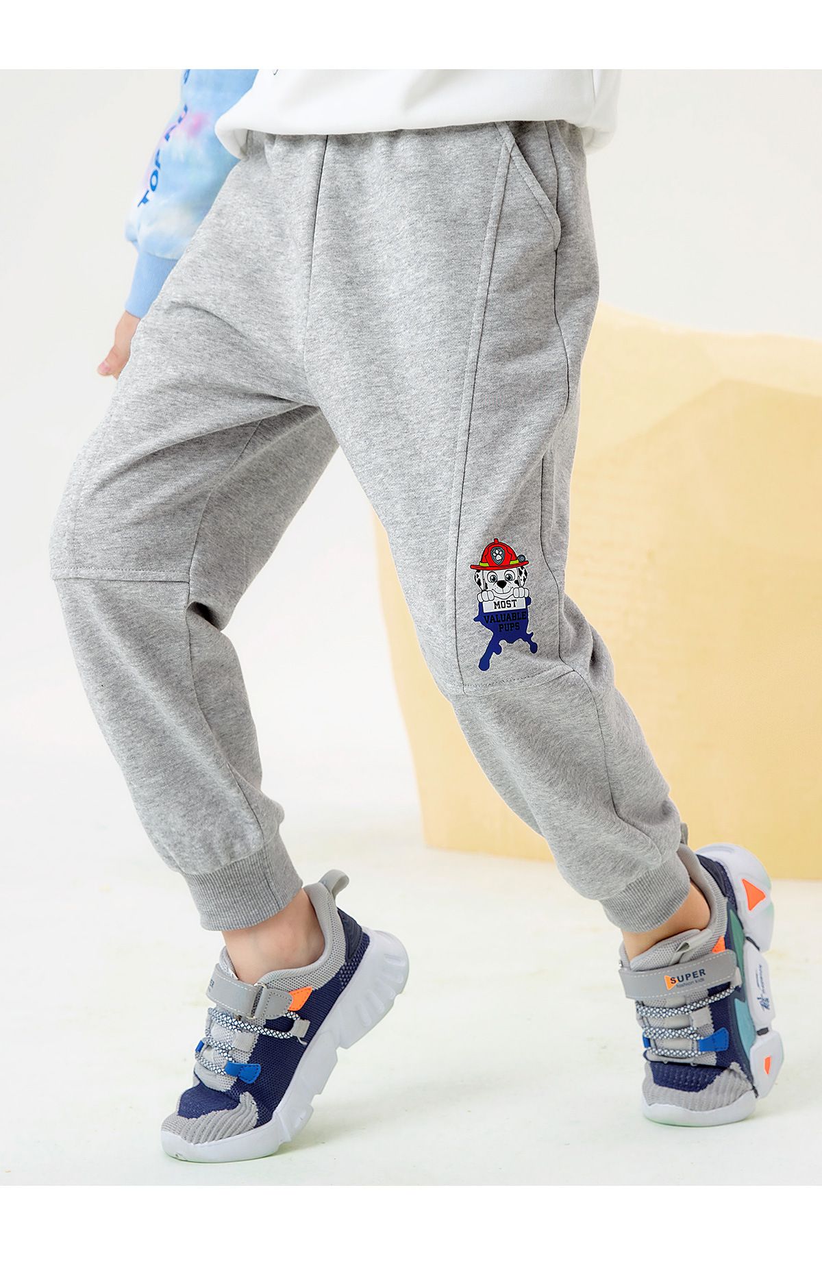 卡通汪汪隊棉質束口休閒運動長褲-卡通人物毛毛-灰色
