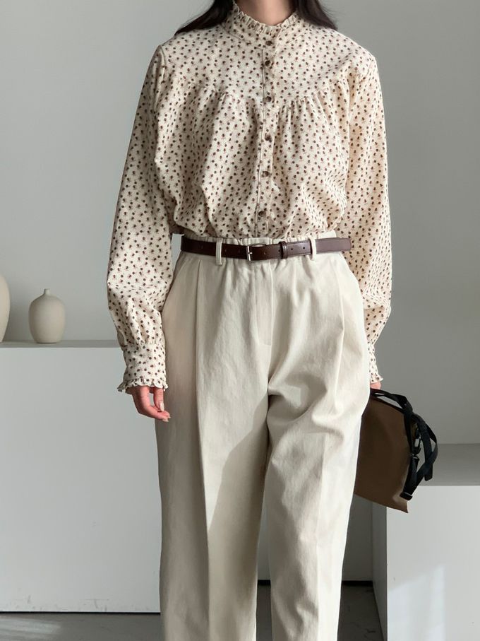 韓國女裝連線 - 滿版小花朵燈芯絨長袖襯衫-米 (FREE)