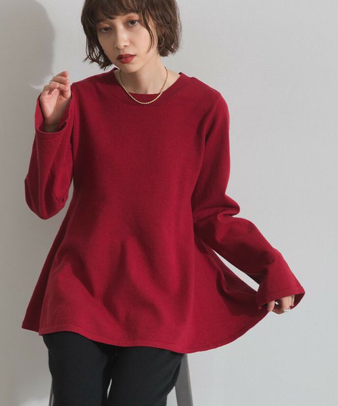 日本 ELENCARE DUE - 成熟傘擺腰線針織長袖上衣-黑