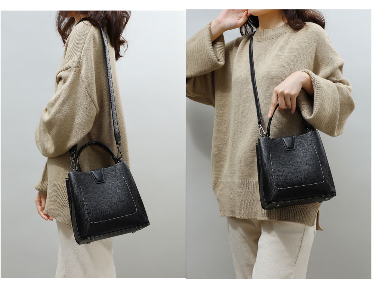 真皮小水桶單肩斜挎包-附2種背帶-酒紅色 (19.5x20x12cm)