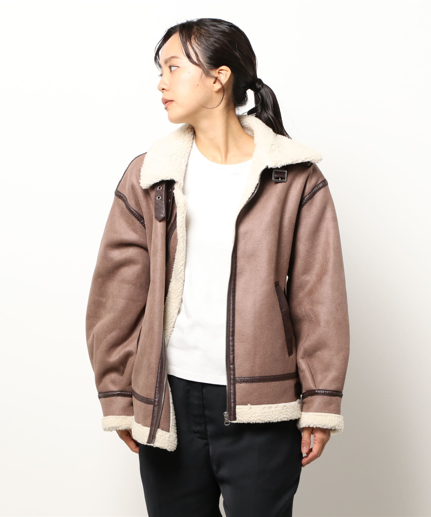 日本 Riche Glamour - 麂皮撞色羊羔絨保暖外套-咖啡