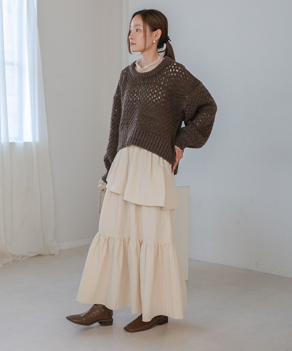 日本 Bab - 混羊毛設計感網格針織上衣-摩卡