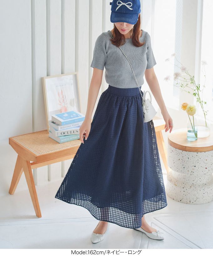 日本 Kobe Lettuce - 清爽透明格子鬆緊長裙(有口袋)-可選長度-黑