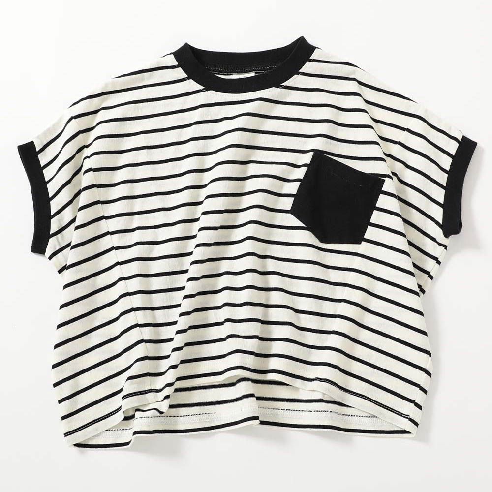 100%純棉落肩短袖上衣-條紋-黑x白