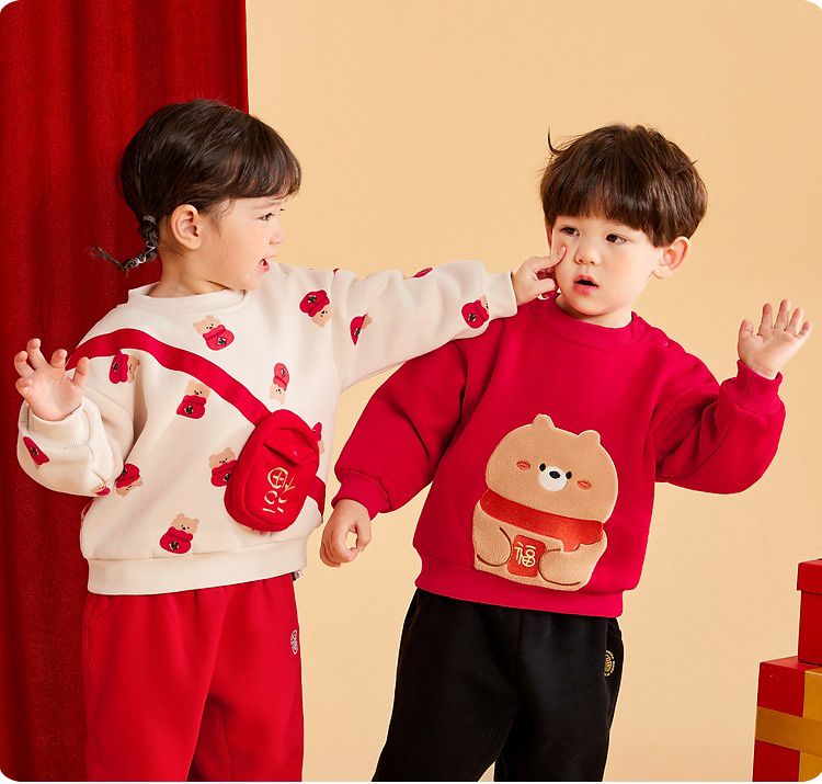 加絨喜氣洋洋長袖上衣-福氣熊熊-紅色