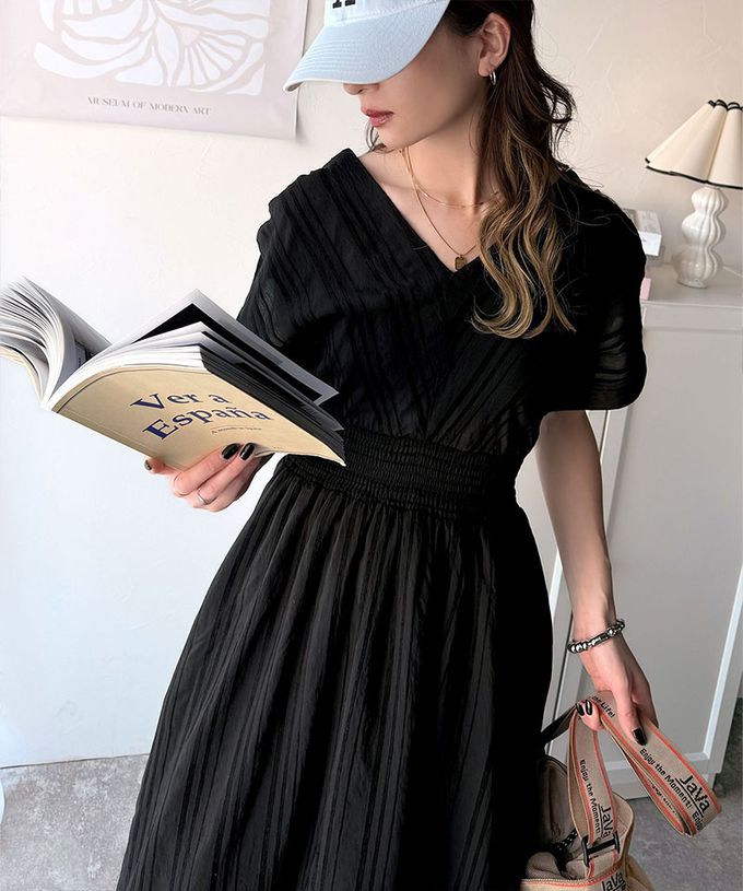 日本 Classical Elf - 氣質V領縮腰修身短袖洋裝-咖啡