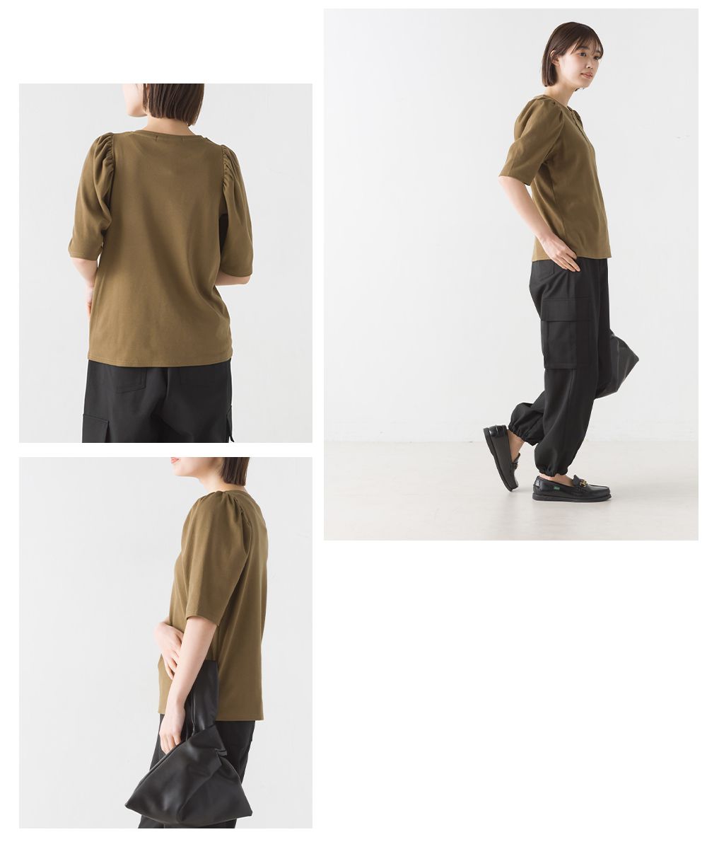 日本 OMNES - 圓領百搭泡泡短袖上衣-黑