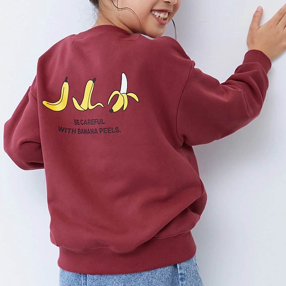 熱銷定番 印花縮口長袖上衣-香蕉-酒紅