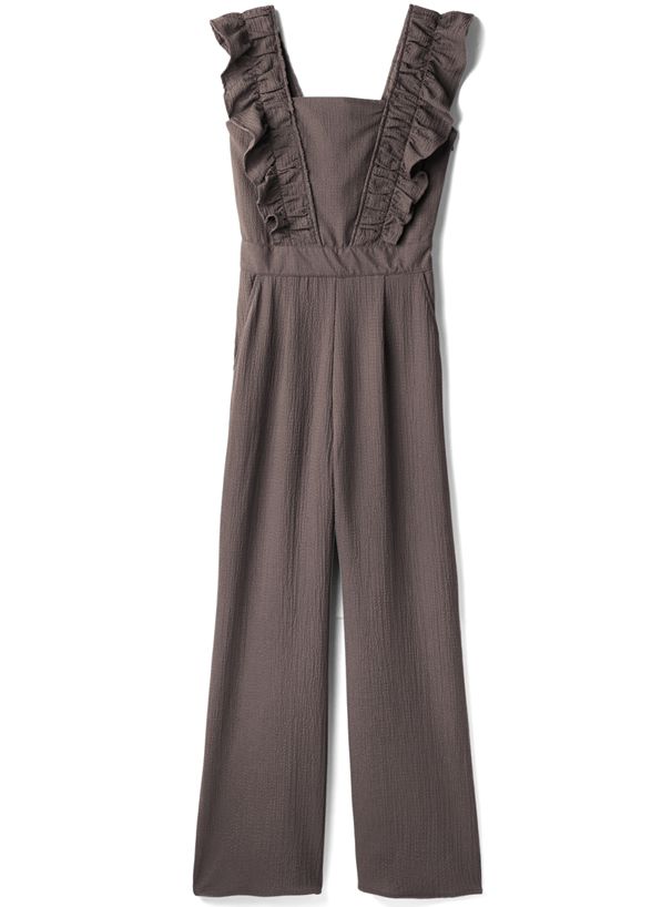 日本 GRL - 率性荷葉邊連身吊帶褲-摩卡