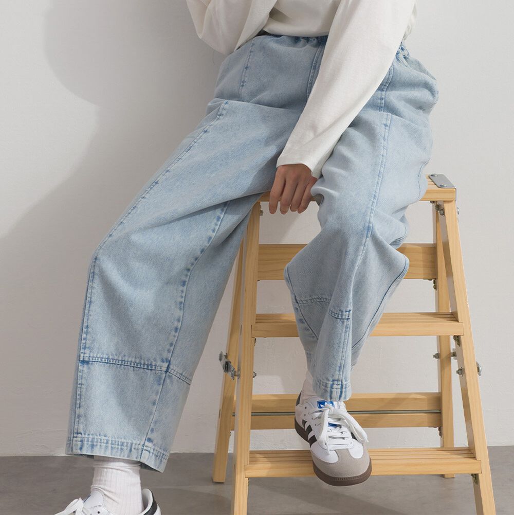 復古刷色感寬鬆丹寧繭型褲-淺藍