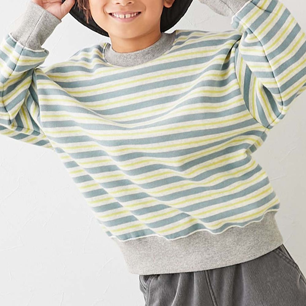 裏起毛 百搭條紋大學長袖上衣-灰藍