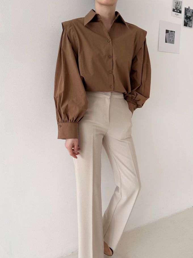 韓國女裝連線 - 知性拼接感長袖襯衫-咖啡 (FREE)