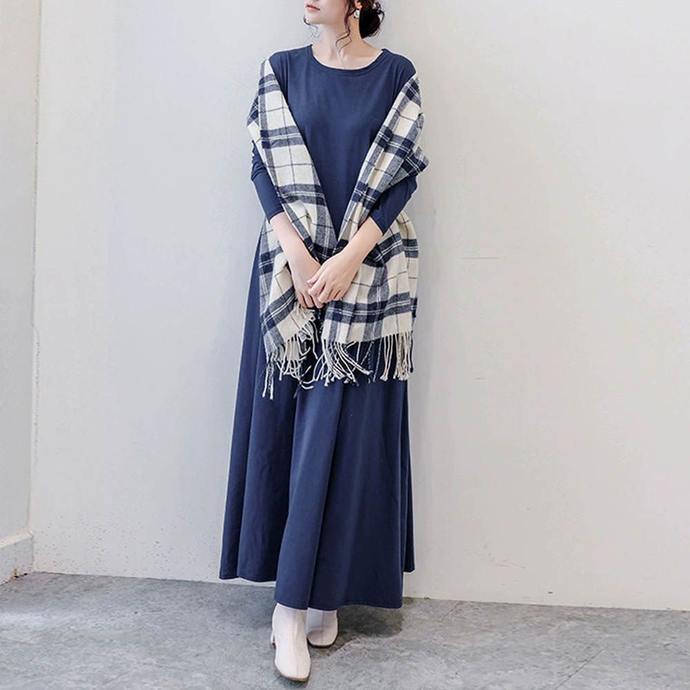 3D立體剪裁顯瘦長袖長洋裝-藍色