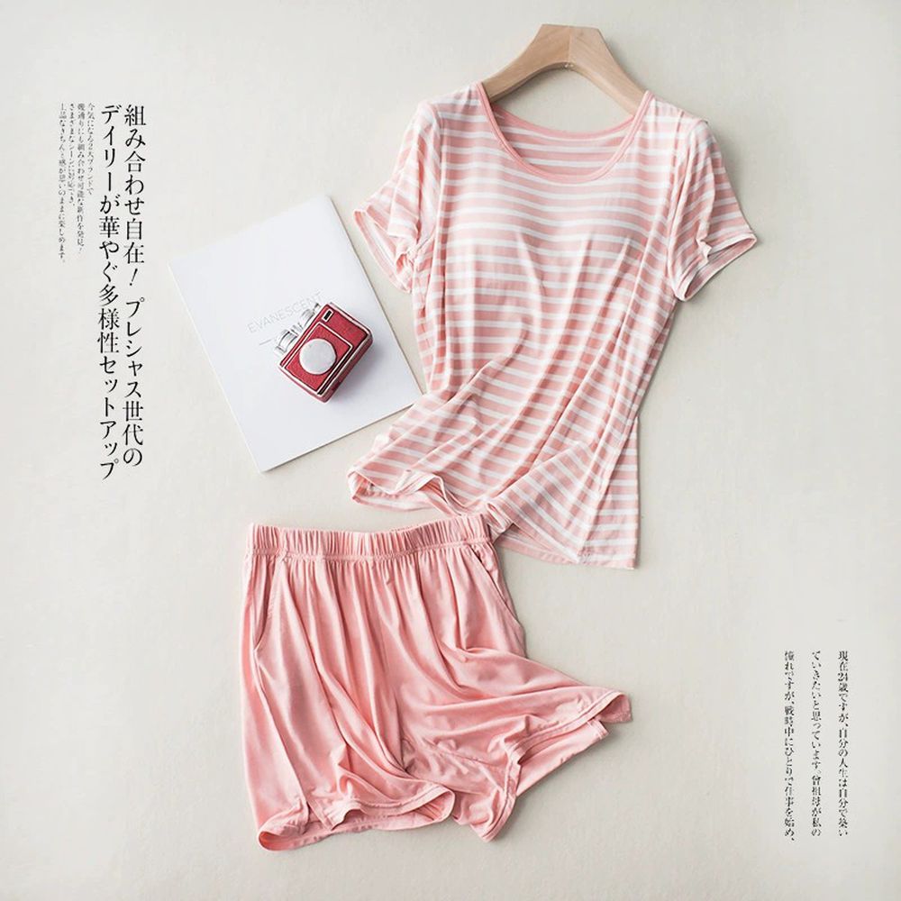 莫代爾絲柔Bra家居服套裝-短袖X短褲-粉白條紋