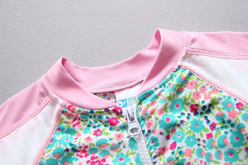 女寶長袖泳裝套裝(附帽子)-滿滿碎花-粉+綠