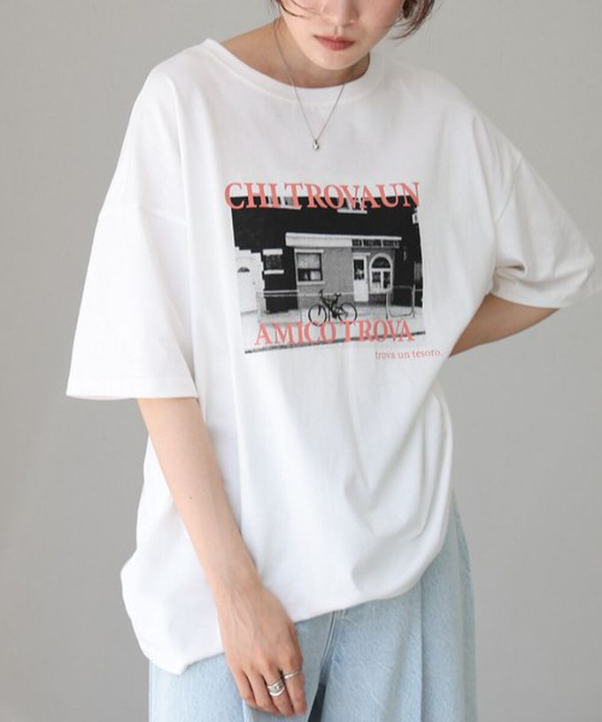 日本 Bab - 100%棉 極簡照片印花五分袖上衣-白底粉紅字 (M)