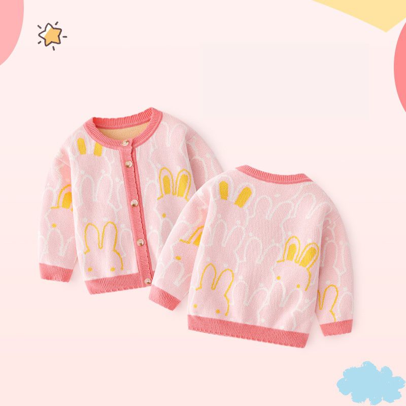 舒適圓領提花針織外套-小兔子-粉色