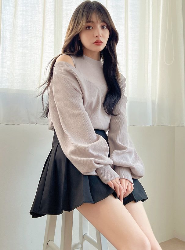 日本 GRL - 微立領挖肩針織上衣-深可可