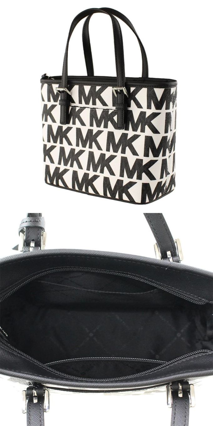 MICHAEL KORS - 雙色滿版LOGO皮革托特兩用包-黑白