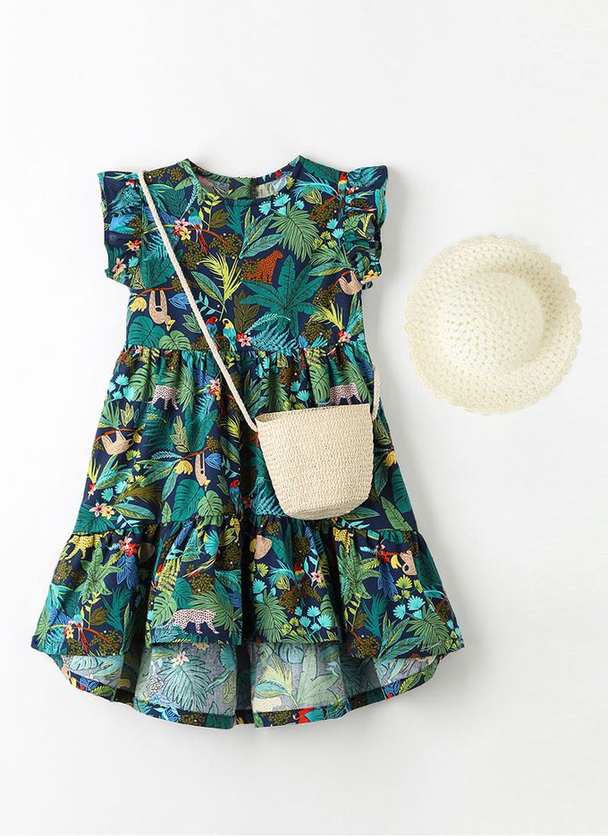 韓國 OZKIZ - (附包包帽子)熱帶棕櫚印飄逸荷葉袖洋裝-白X綠