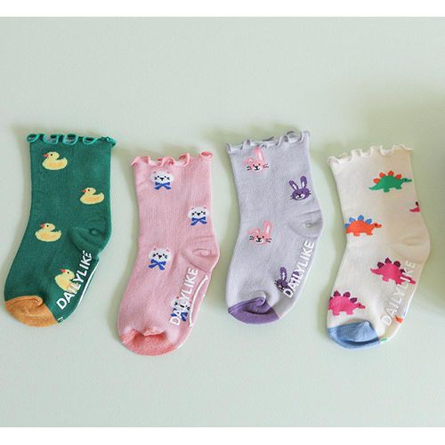 韓國 Daily Like - 兒童襪子(荷葉中筒襪)4入組-滿版動物