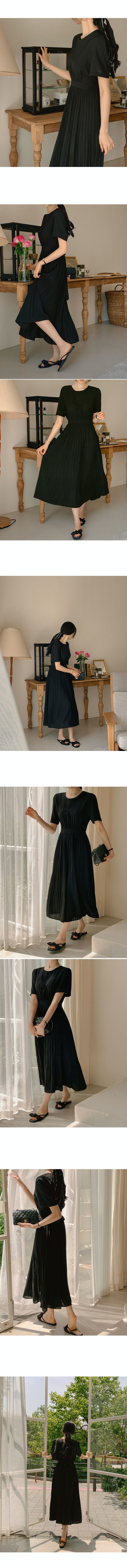 韓國女裝代購 - 優雅純色細褶裙擺綁帶洋裝-黑 (FREE)