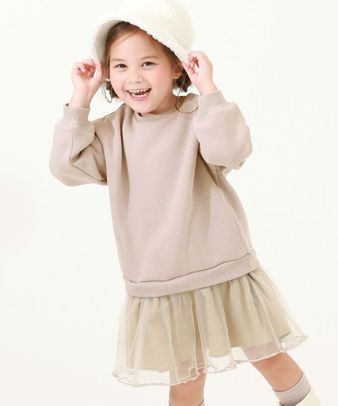 日本 devirock - 甜美裏毛雪紡拼接長袖洋裝-粉卡其