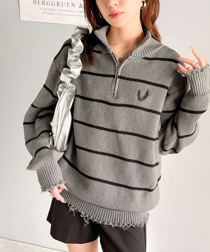 日本 Classical Elf - 半拉鍊寬版不修邊條紋針織上衣-黑