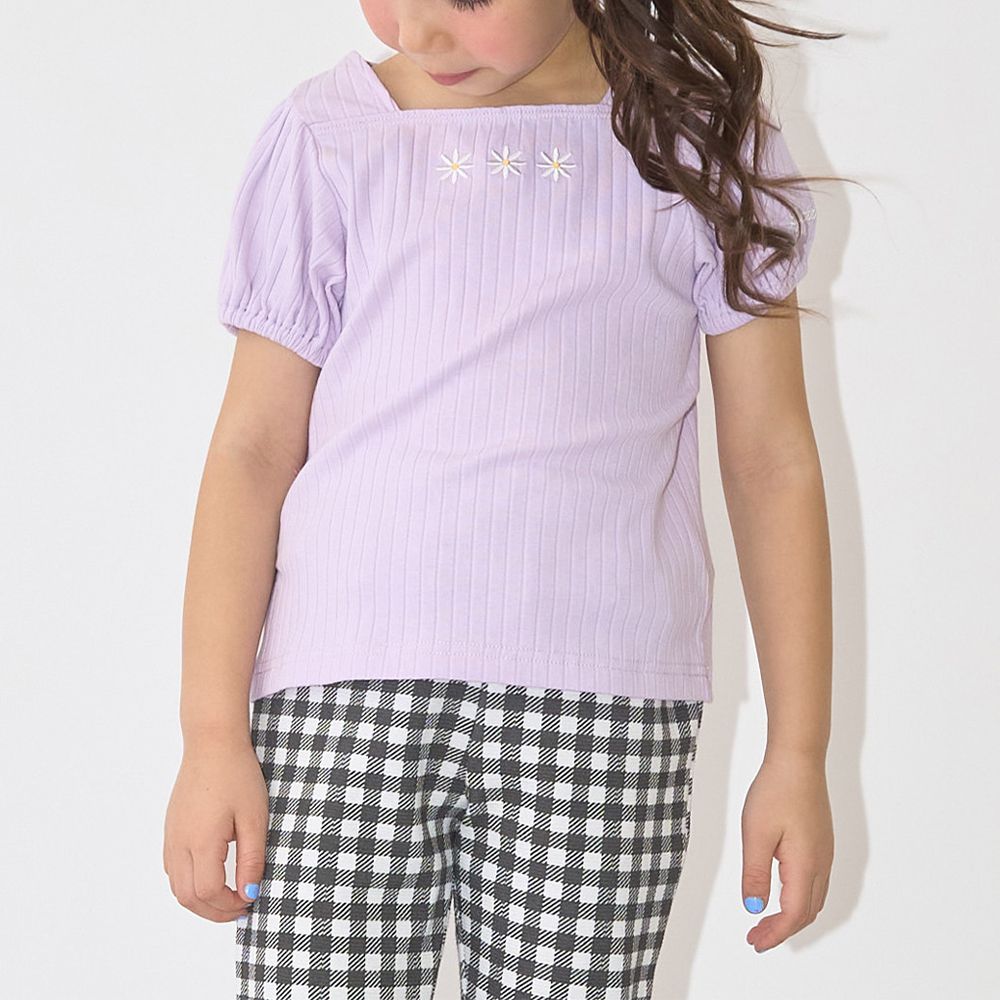 方領羅紋可愛刺繡泡泡短袖上衣-小花-薰衣草