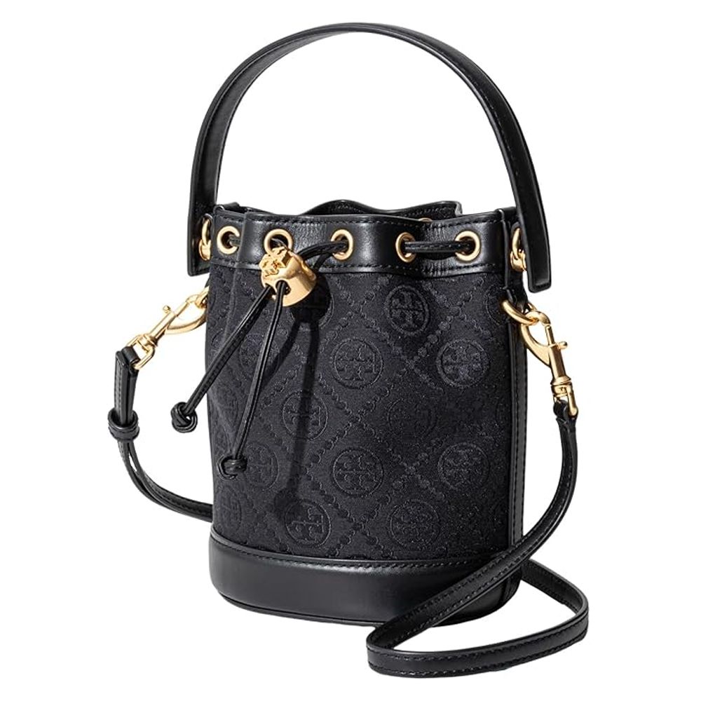 緹花織布拼接皮革束口水桶包 (黑)