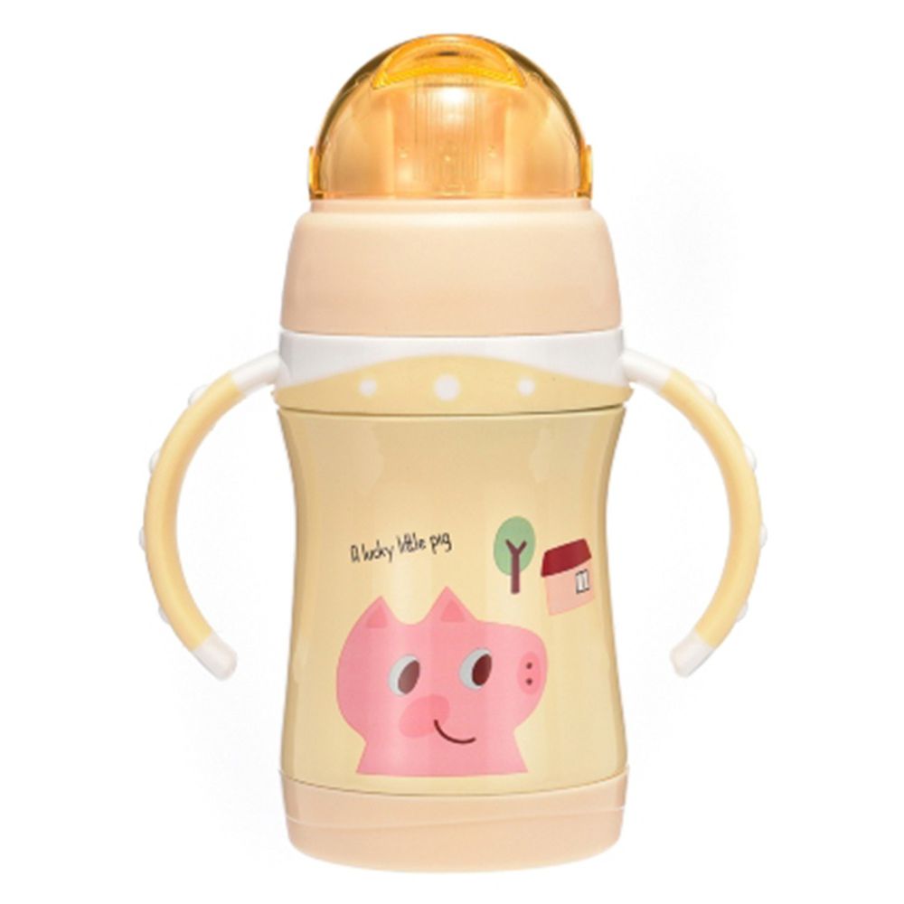 BABY TALK - 可愛動物不鏽鋼2用水杯-㣲笑豬-鵝黃色-260ml