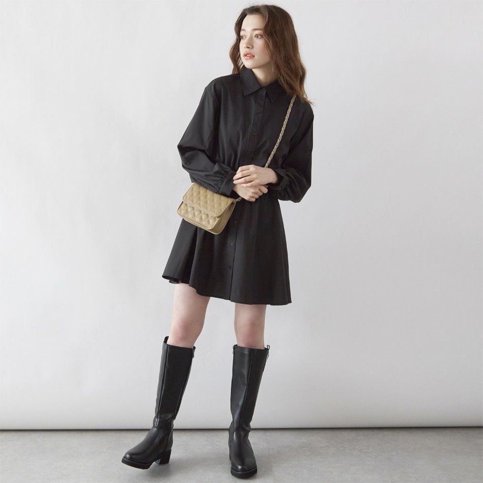 日本 Rejoule - 縮腰設計短版襯衫洋裝-黑 (M(Free size))