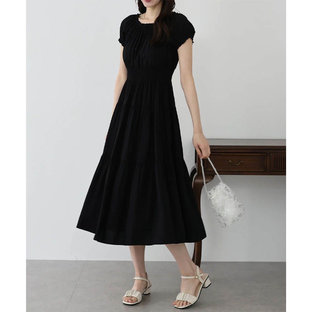 一字領2way露肩迷人短袖洋裝-素面-黑