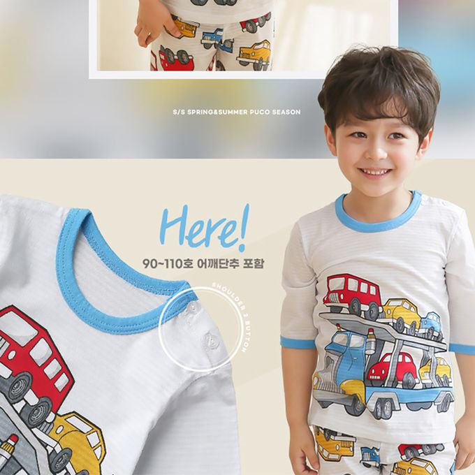 正韓 Puco - 超優質嬰幼兒/兒童七分袖100% 有機純棉家居服/睡衣-車車家族