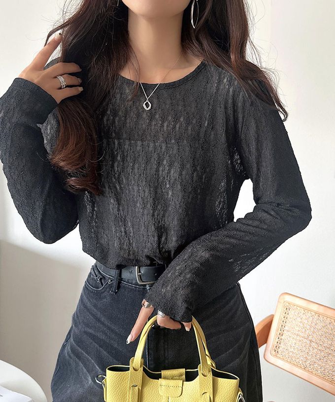 日本 Classical Elf - 網狀蕾絲透膚圓領長袖上衣-咖啡