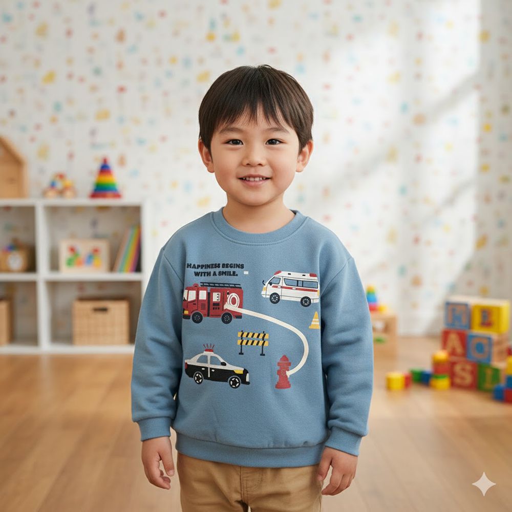 長袖休閒上衣-趣味圖案-藍色