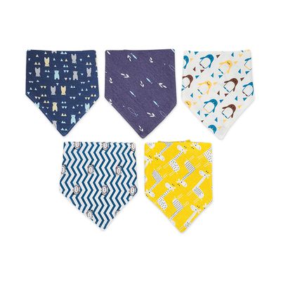 JoyNa - 5條入 嬰兒三角巾 純棉雙層按扣防水圍兜-滿印熊企鵝 (均碼)