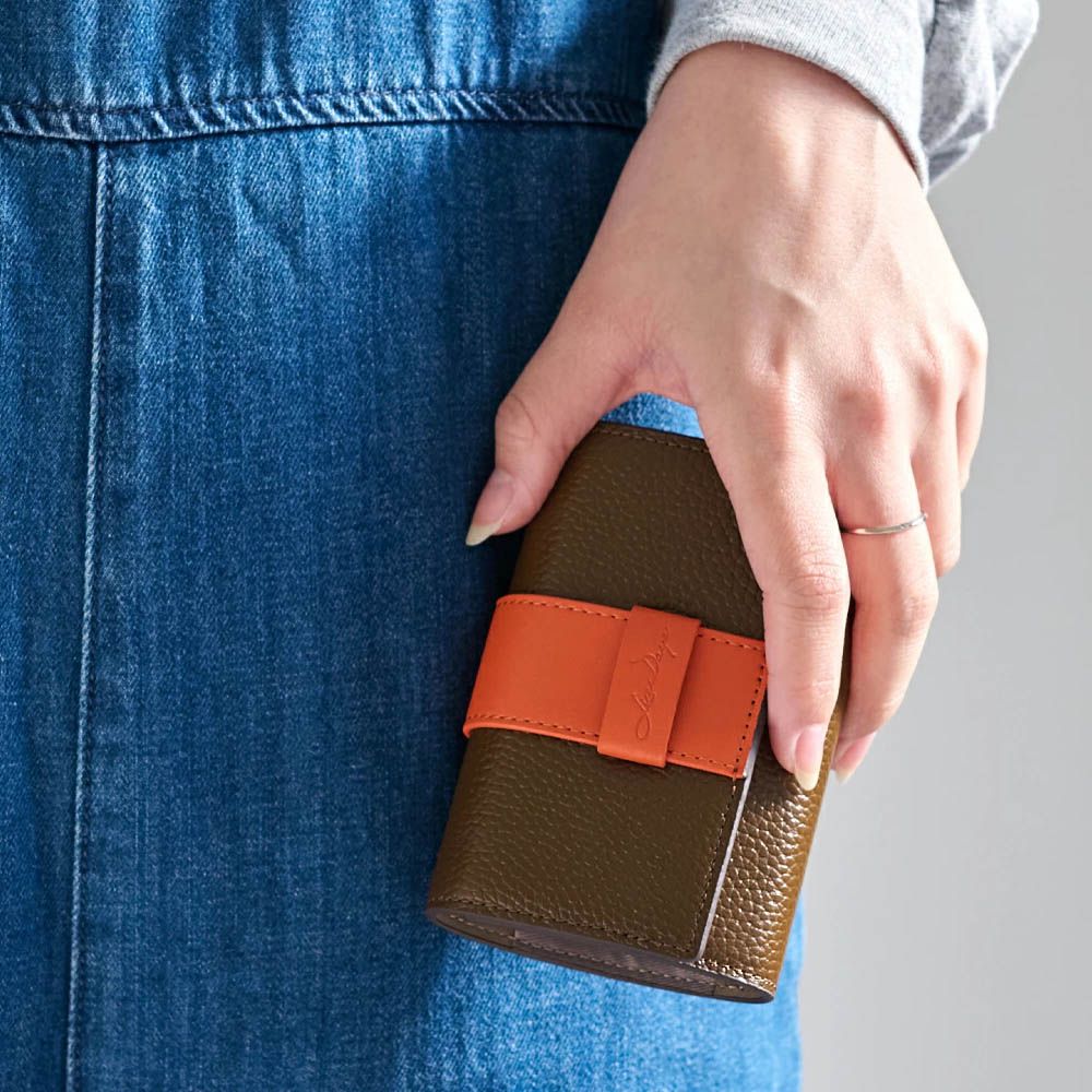 真皮迷你三折配色風琴短夾-咖啡x橘