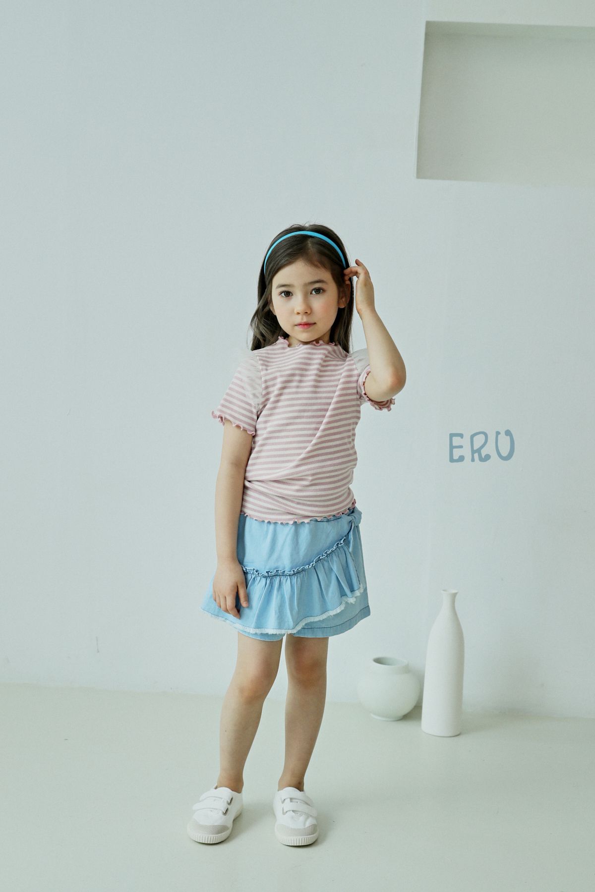 韓國 ERU - 網紗裝飾袖條紋T-粉紅