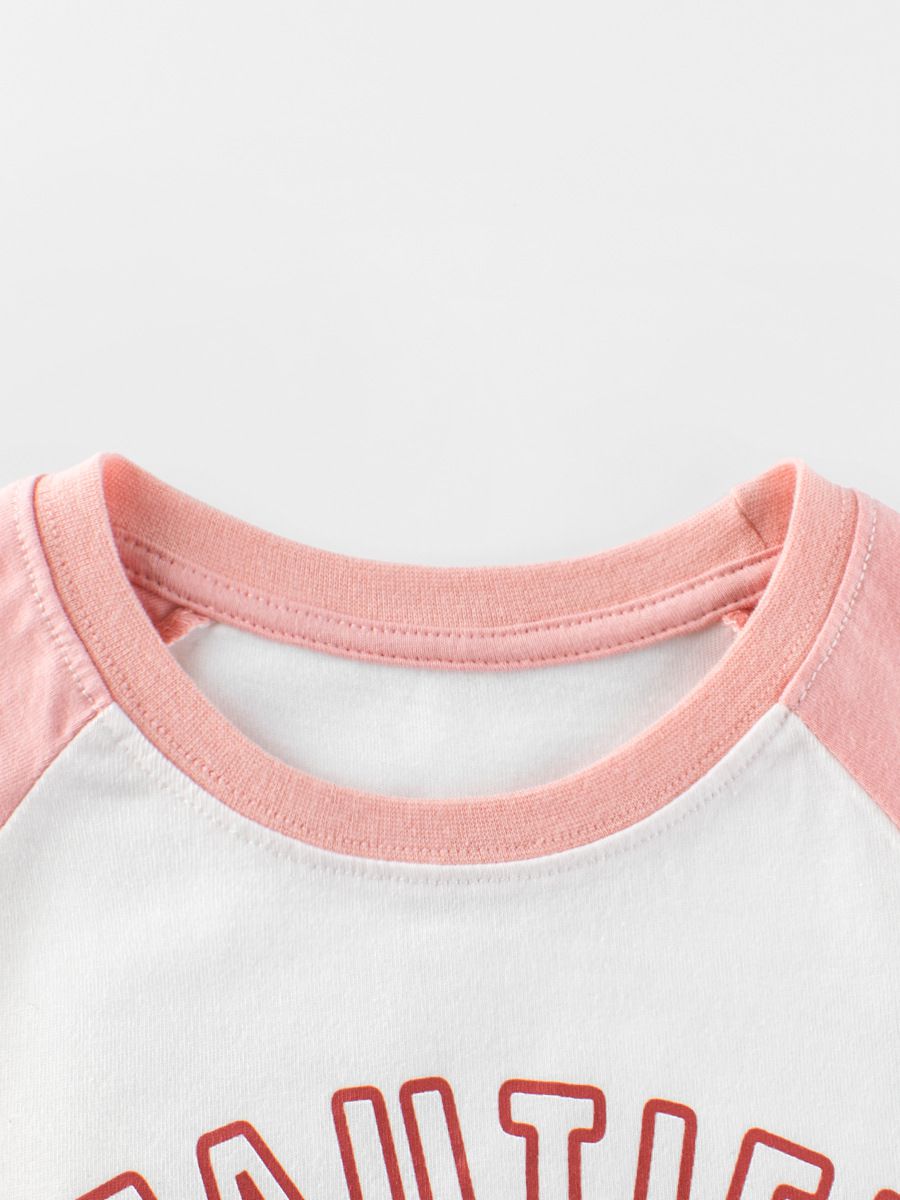 (大童)純棉圓領薄長袖上衣-粉紅熊熊-粉+白