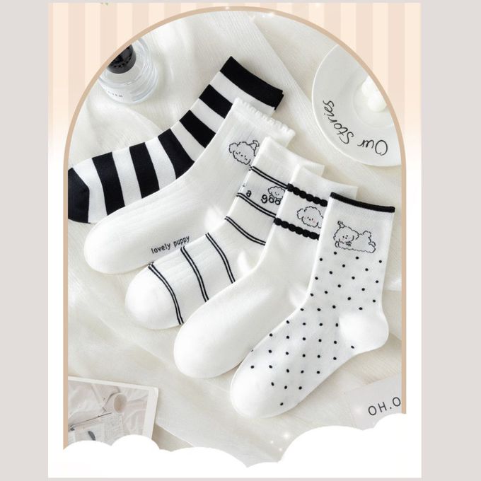 黑白系線條狗中筒棉襪