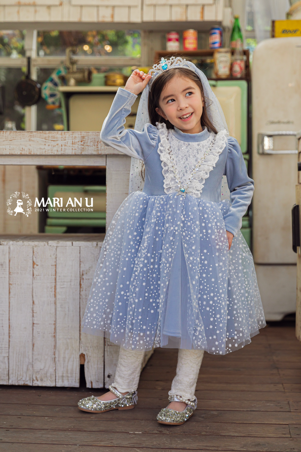 韓國 Mari an u - 雪的女王網紗洋裝-藍