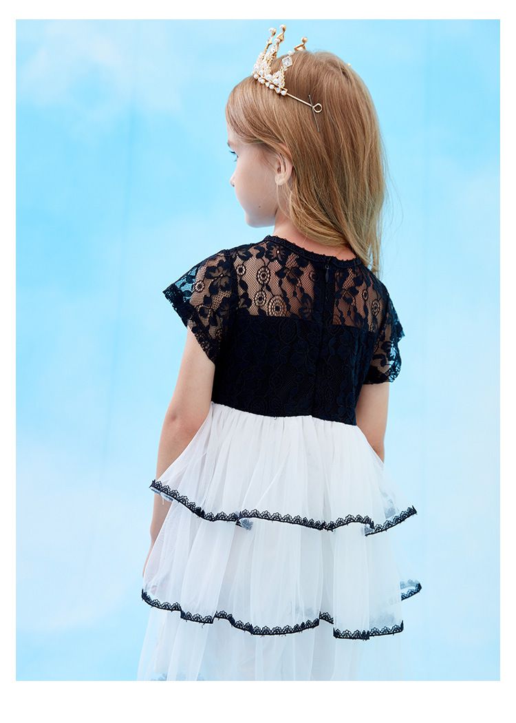 甜美網紗蛋糕裙蕾絲短袖洋裝-蕾絲上衣-黑+白