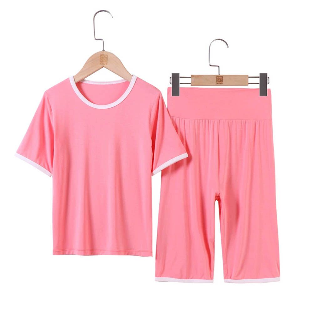 高腰護肚短袖套裝/家居服-深粉色