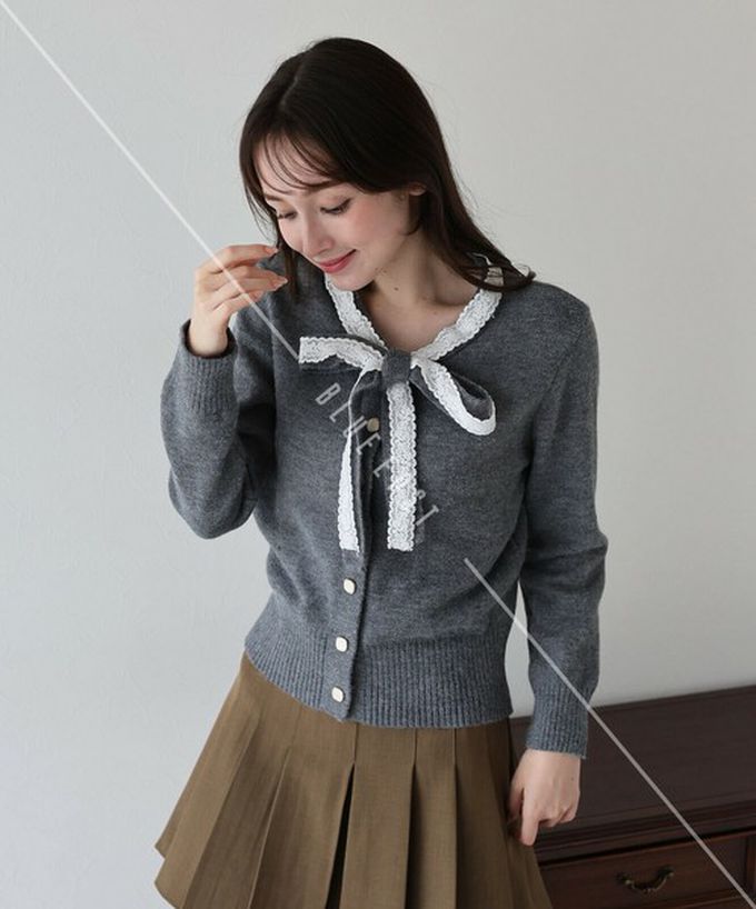日本 BLUE EAST - 少女爛漫蕾絲蝴蝶結開襟衫-灰