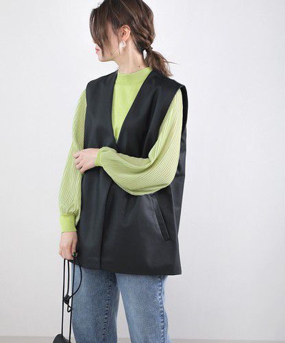 日本 Bou Jeloud - 異材質拼接百摺長袖上衣-萊姆黃