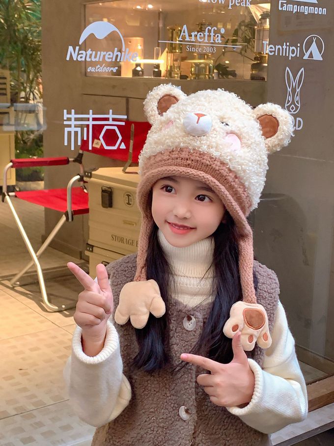 Love, Charlotte - 燕麥奶咖啡小熊立體耳朵泰迪絨保暖帽 (頭圍:48~53cm (建議年齡:2+))