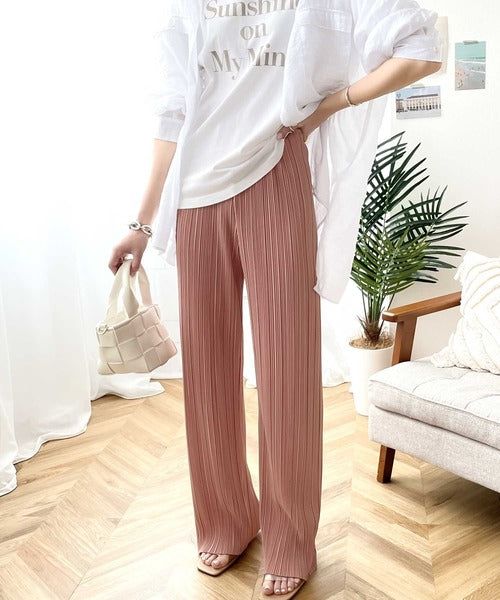 日本 Classical Elf - 光澤感細褶垂墜感長褲-焦糖棕