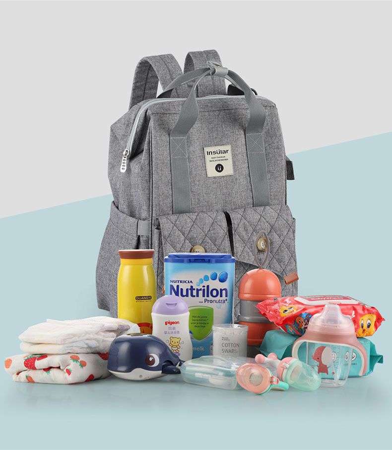 insular - 大開口防潑水雙口袋手提媽媽包-牛仔藍色 (27x17x41cm)