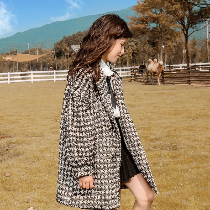 千鳥格紋保暖大衣-紅色